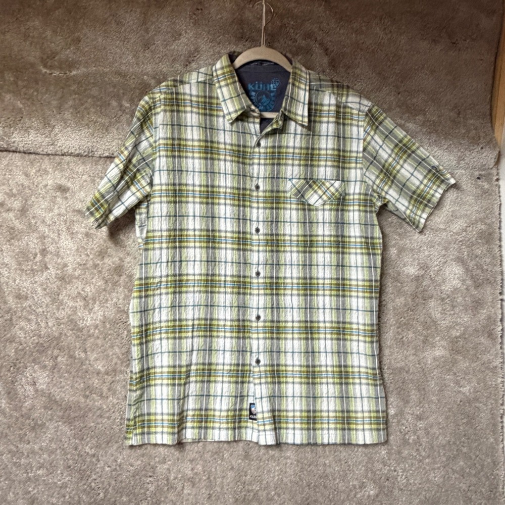 Kuhl Short Sleeve Button Down Shirt Mens Large Green Yellow Plaid Seersucker